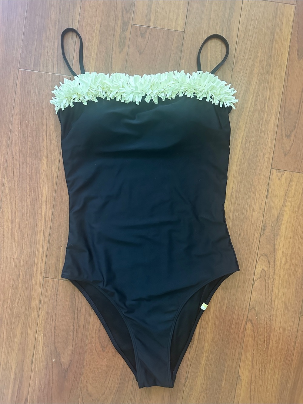 Black One-Piece Swimsuit with Ivory Fringe Trim
